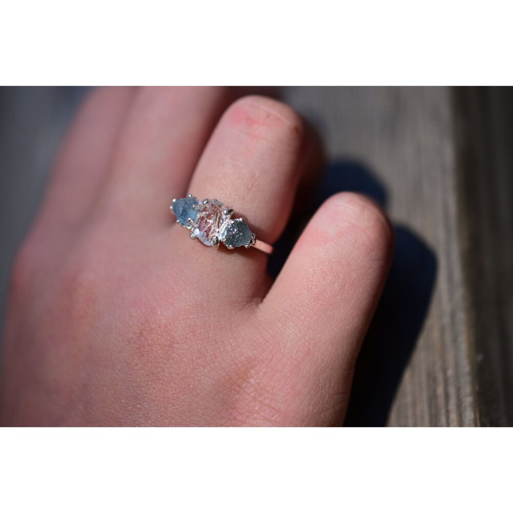 Raw Sapphire and Diamond Engagement Ring, Rough Diamond Ring, Natural Uncut Diam